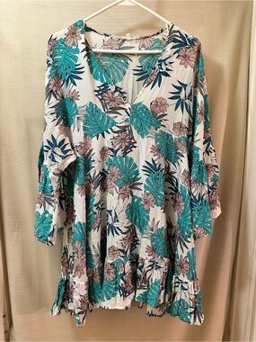 Label of Love Tropical Floral Wrap Dress Bell Sleeve Boho Mini Medium Monstera
